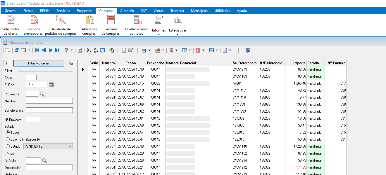 SIGEPlus ERP - Albaranes de compras (vista lista)