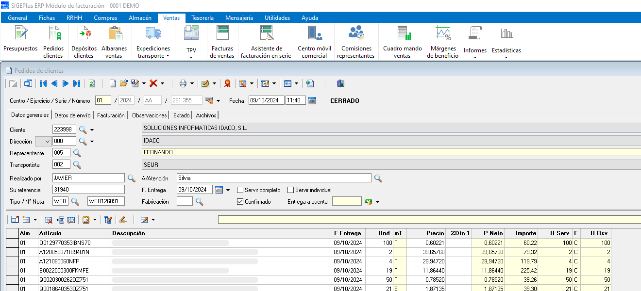 SIGEPlus ERP - Pedidos de ventas (vista detalle)